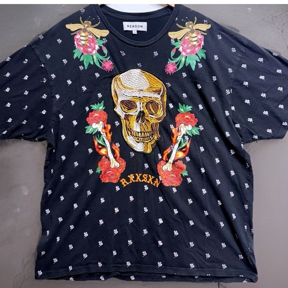 Reason Other - Reason Skull Fire & Roses Embroidered T-Shirt Mens Size XXL Black AOP